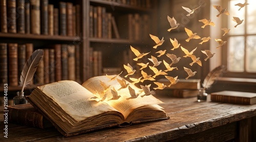 Birds of Knowledge Flying from Open Book in Old Library