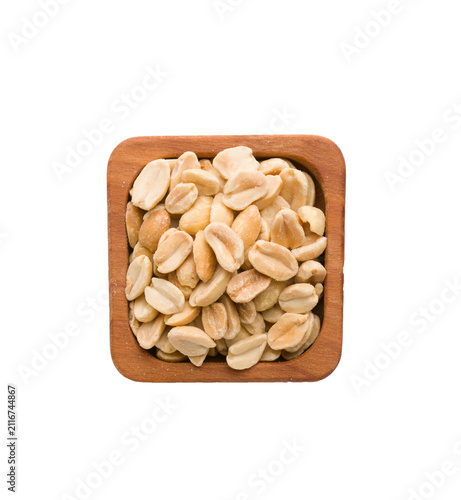 Square bowl with peeled peanuts on a white background