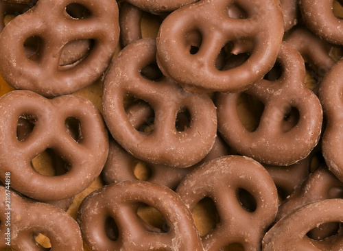 Chocolate pretzels background texture