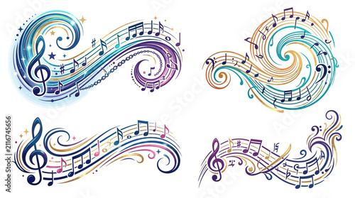 Musical notes swirl in vibrant colorful compositions to represent the artistic flow of melody and rhythm across a clean white background.