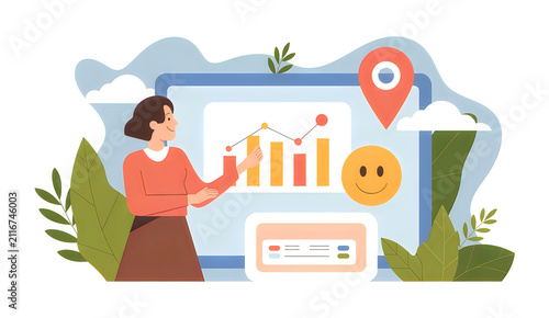 Woman presenting business data analytics on a digital screen