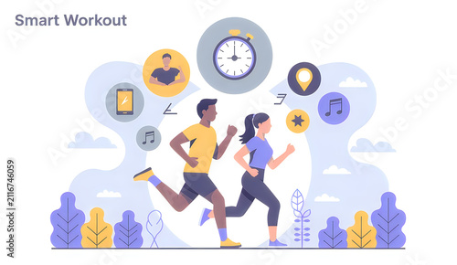 Smart workout concept illustration with people running and digital fitness tracking icons