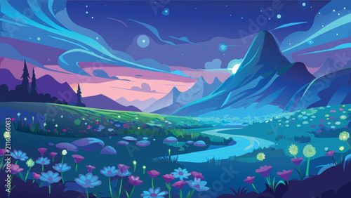 Bild auf Leinwand Enchanted night landscape with a winding stream and glowing wildflowers under a