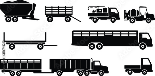 Agricultural and commercial transportation vehicle silhouette icon set including cargo trucks, livestock trailers, and utility carts