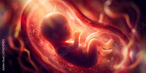 Detailed illustration of a human fetus developing inside the glowing womb with umbilical cord, concept for medical education, pregnancy healthcare and embryology research