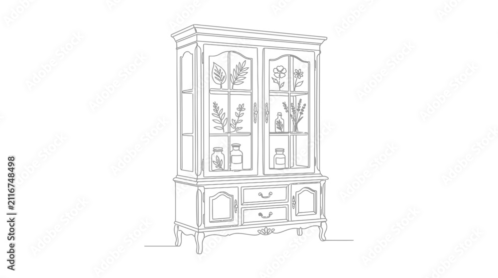 Fototapeta premium Continuous Line Drawing of Vintage Display Cabinet with Botanical Jars