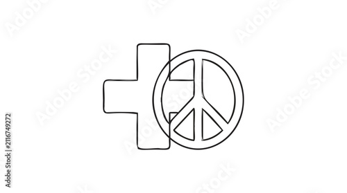 Minimalist peace sign and medical cross line art, continuous line drawing of pacifist healthcare symbol, humanitarian aid and global harmony vector