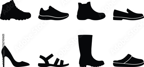 Quadro su tela Men and women footwear solid black icon set featuring sneakers boots high heels