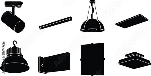 Quadro su tela Modern interior and industrial lighting fixtures solid black icon set featuring