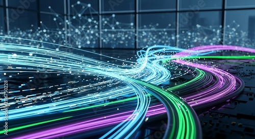 Abstract digital network data flow visualization.