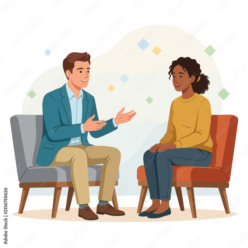 Obraz premium Diverse couple in therapy session, discussing issues with a counselor in a modern, flat vector illustration style.