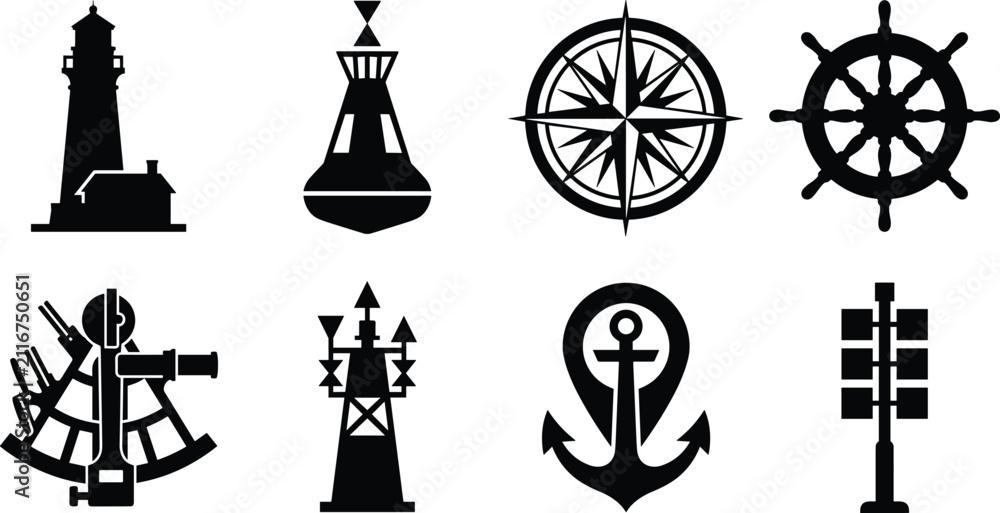 Naklejka premium Set of black silhouette nautical navigation icons featuring lighthouse, ship wheel, compass rose, anchor, and marine buoy