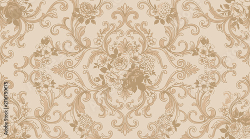 Photography Elegant seamless floral baroque pattern on a beige background.