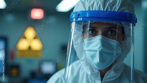 Scientist in protective suit and face shield looks at camera in laboratory.