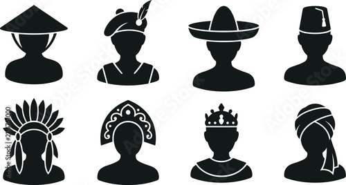 Canvastavla Silhouette avatar icon collection of diverse people wearing traditional cultural hats and global headdresses in solid black