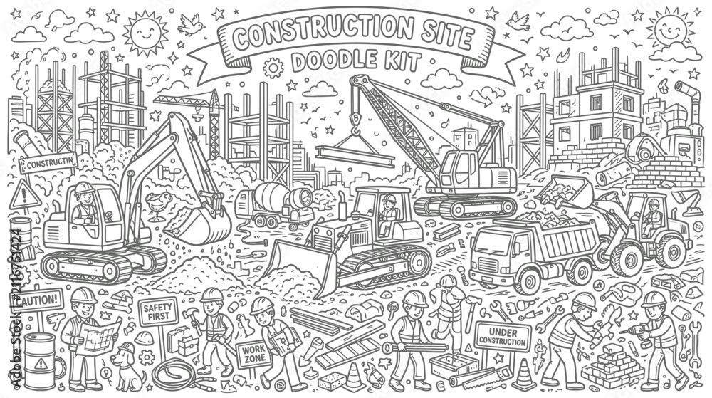Obraz premium Busy urban construction site with heavy machinery, cranes and workers at work.