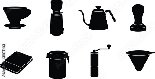 Quadro su tela Specialty coffee brewing equipment and barista tools solid black icon set featur