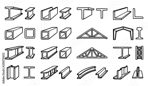 Cuadro en lienzo Metal Beam and Truss Icon Set Structural Steel Profiles Including I-Beam Channel