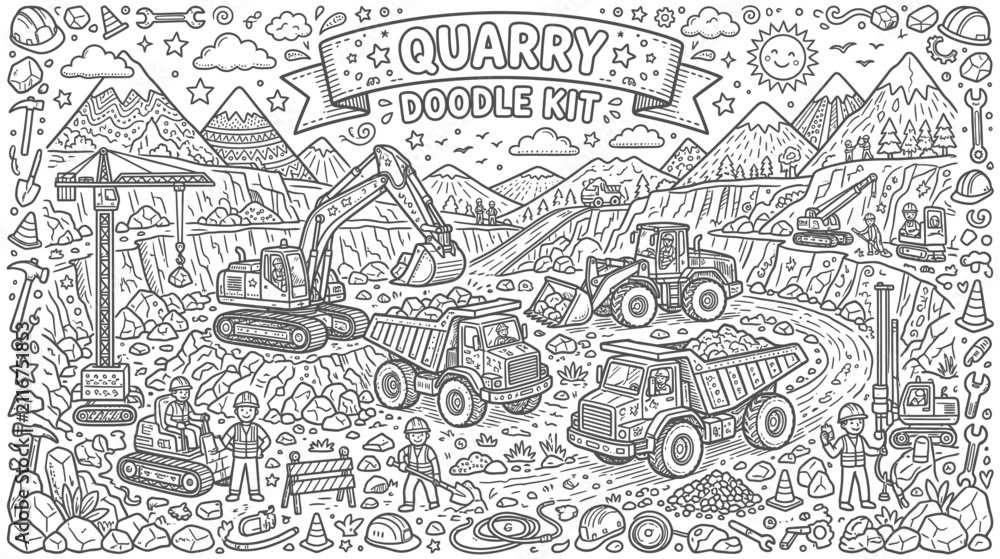 Fototapeta premium Doodle Quarry Scene with Heavy Machinery and Construction Activity.