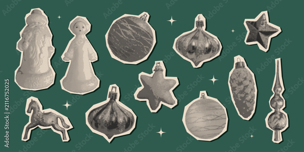 Fototapeta premium Retro Christmas ornament halftone collage set with Santa Claus, angel figurine,star,pine cone,rocking horse. Vintage black white cutout elements for Christmas New Year cards, posters, stickers.Vector