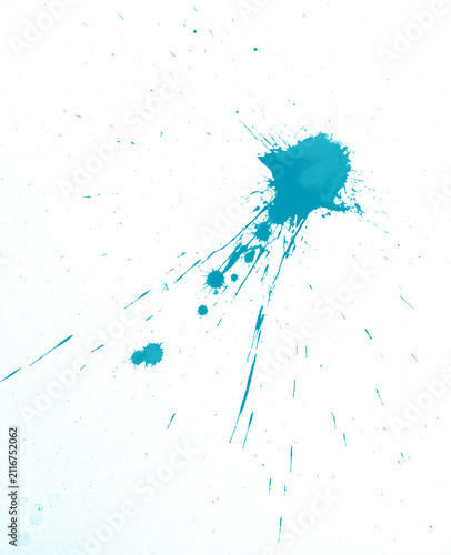 Bright blue paint splatter isolated on a white background. High resolution abstract paint splash with realistic ink drops, drips, and spray effect. Ideal for creative projects, graphic design.
