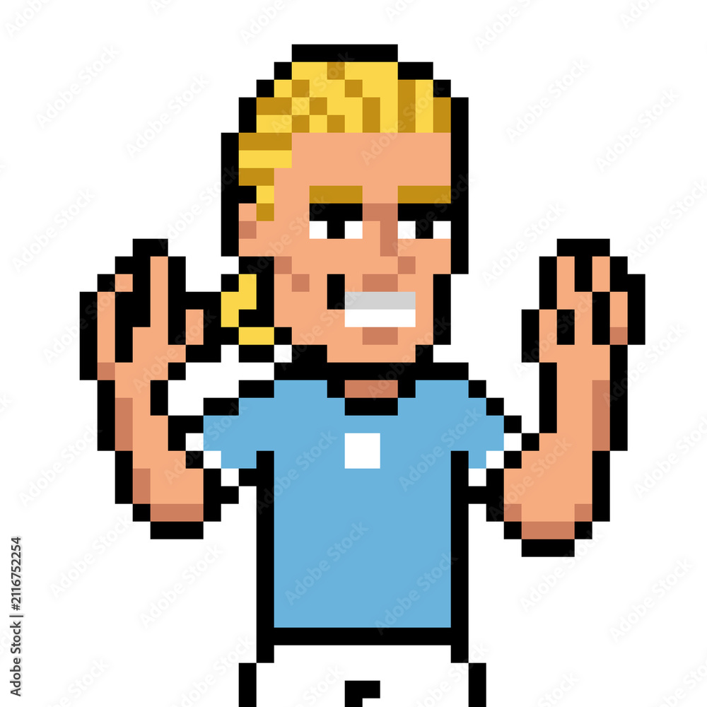 Obraz premium Pixel Art Erling Haaland Blonde Male Athlete Celebrating Victory with Raised Hands Vector Illustration