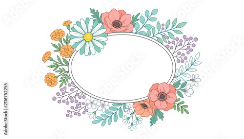 Foto Elegant floral oval frame vector illustration with daisy anemone and marigold fl