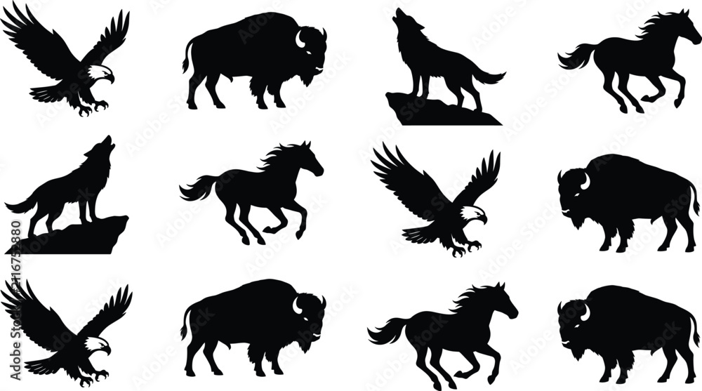 Fototapeta premium North American wild animal silhouettes set featuring flying eagle bison galloping horse and howling wolf vector illustrations