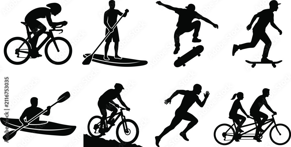 Fototapeta premium Outdoor sports and adventure activities silhouettes set featuring cycling paddleboarding skateboarding kayaking running and tandem bike riding isolated on white