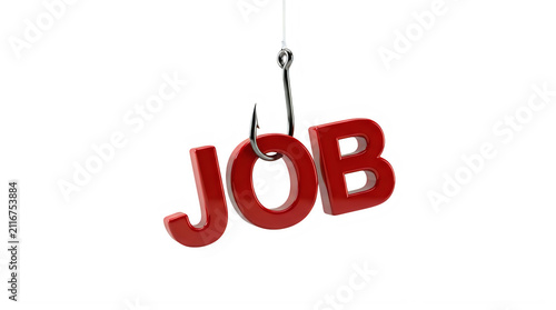 3d illustration of the word job hanging on a fishing hook isolated on transparent background