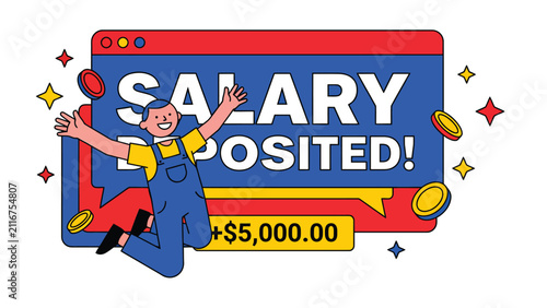 Excited person jumping for joy as salary is deposited into their account, celebrating financial success and wealth.