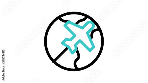 Animated airplane flying around globe earth icon loop motion graphic, international travel and global logistics symbol, isolated on white background