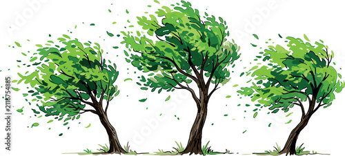Cuadro en lienzo Green windy trees vector illustration set blowing in strong storm weather with falling leaves isolated on white background