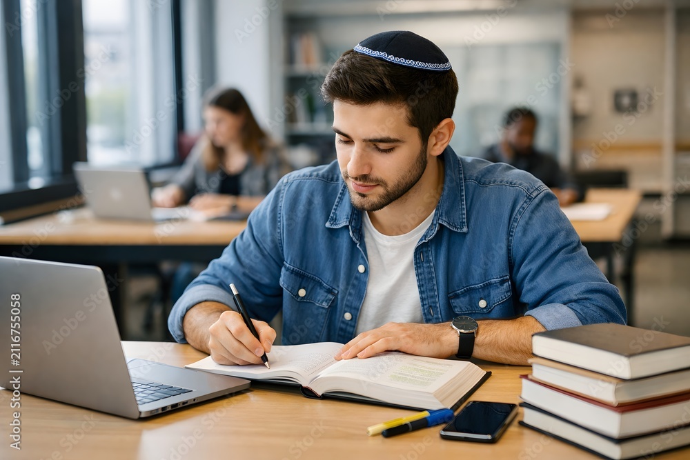 Obraz premium Young Jewish man wearing kippah studying in library with laptop and books
