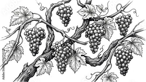 Foto Detailed hand drawn line art vector illustration of a grapevine branch border with hanging grape bunches and leaves on white background