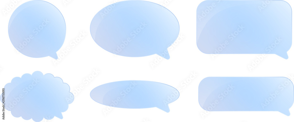 Fototapeta premium Glass chat clouds for dialog boxes. Crystal blue speech bubbles isolated on transparent background