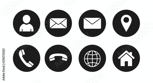 Collection of black circular contact icons featuring people, mail, location, phone, home, and web symbols for UI design and graphic resources.
