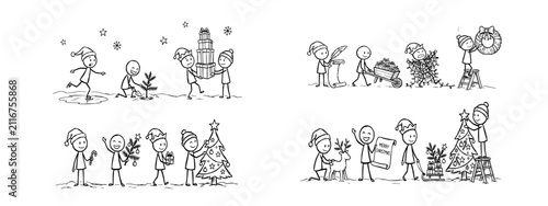 Christmas Stick Figure Doodle Scenes Set with Holiday Activities Hand-Drawn Vector Illustration Collection