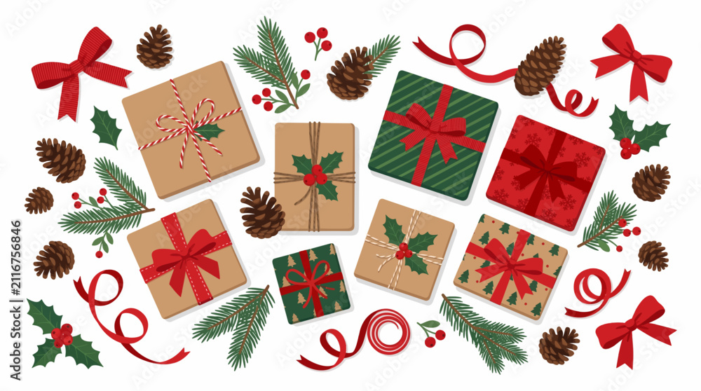 Obraz premium Festive Christmas Gifts and Decorations Including Pine Cones Holly Berries and Pine Needles