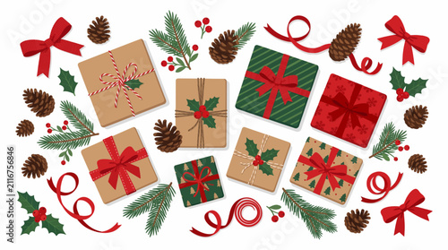 Festive Christmas Gifts and Decorations Including Pine Cones Holly Berries and Pine Needles