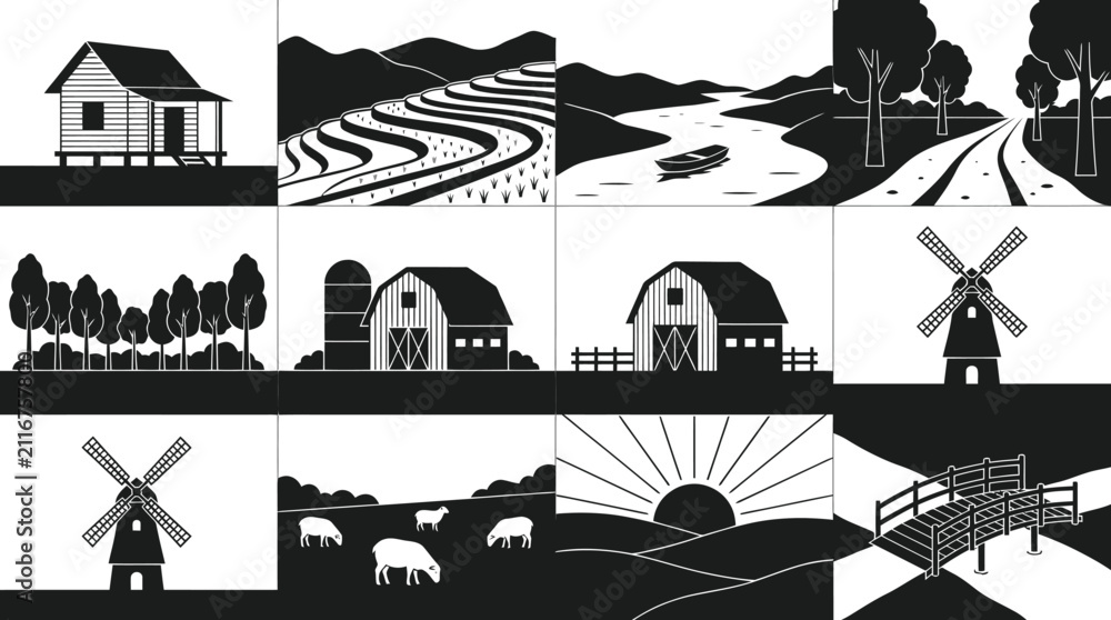 Obraz premium Countryside Farm Life and Nature Scenery Vector Set