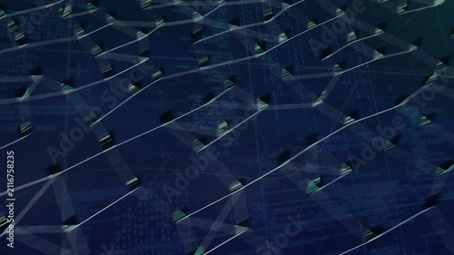 Center silhouette switching to glow, spreading along mesh while camera zooming out, mapping network
