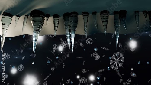 Soft light orbs appearing, row of icicles catching light while snowflakes drifting creating depth