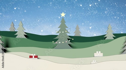 Reveal causing trees appearing, main tree getting star lights and gifts sliding in completing scene