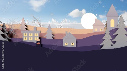 Revealing papercut hills moving, village popping, windows glowing, moon rising, creating calm night