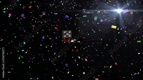 Two metallic dice dropping from top tumbling inward with confetti while settling for lens flare