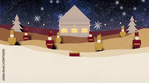 House appearing, block choir emerging from hills and lining while lights glowing for holiday scene
