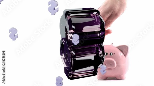 Purple 3D object appearing from left causing hand placing coin into pink piggy bank showing savings