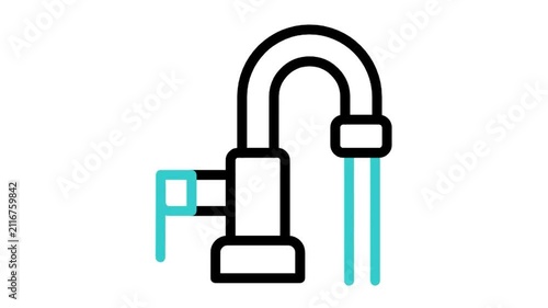 Animated water tap faucet with running stream icon loop motion graphic, plumbing pipe drainage and clean water supply symbol, isolated on white background