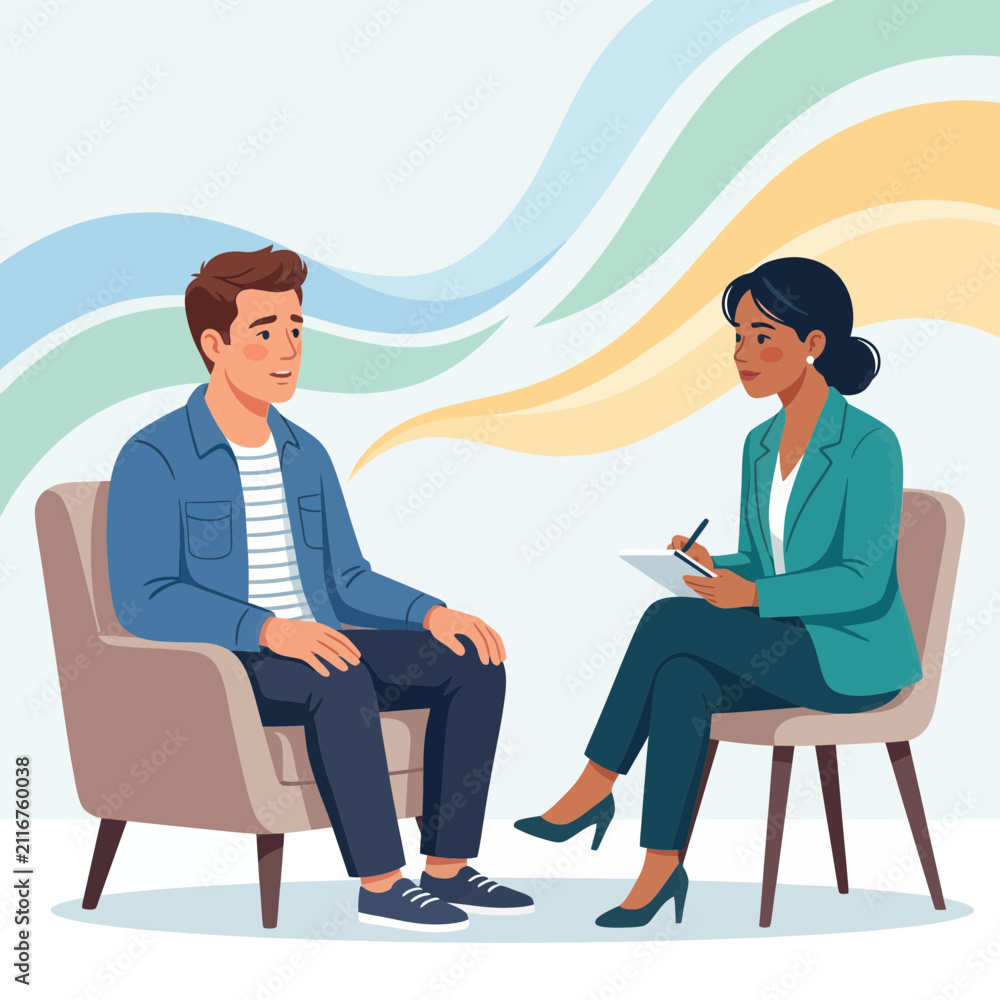 Obraz premium Therapy session with a male patient and female therapist in a modern, minimalist setting with abstract wavy background